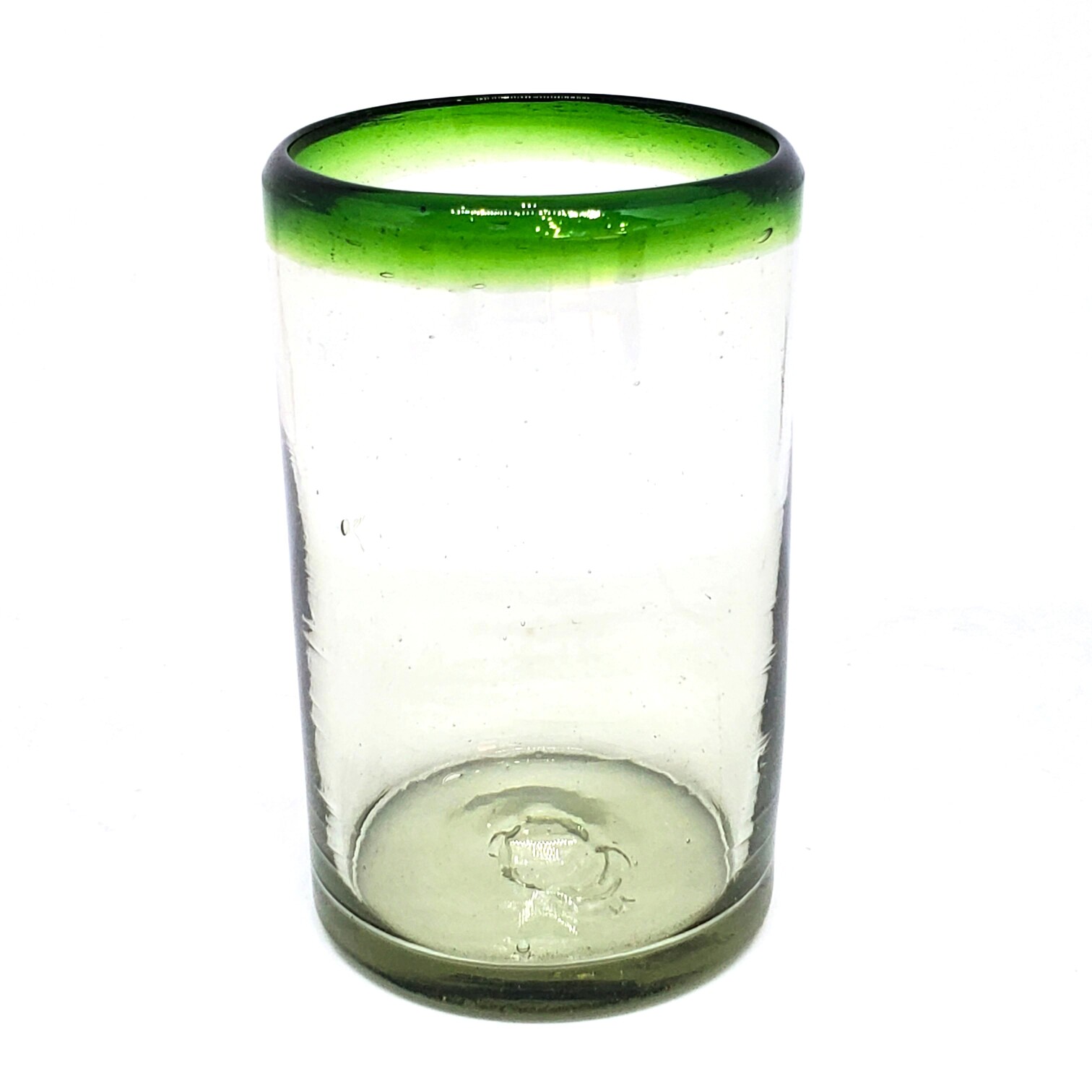 VIDRIO SOPLADO / Juego de 6 vasos grandes con borde verde esmeralda